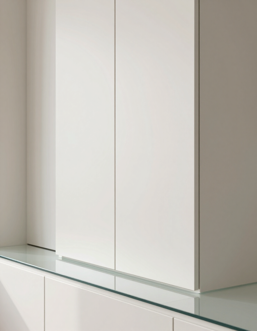 Built-in storage wall with flush white panel doors and clear countertop