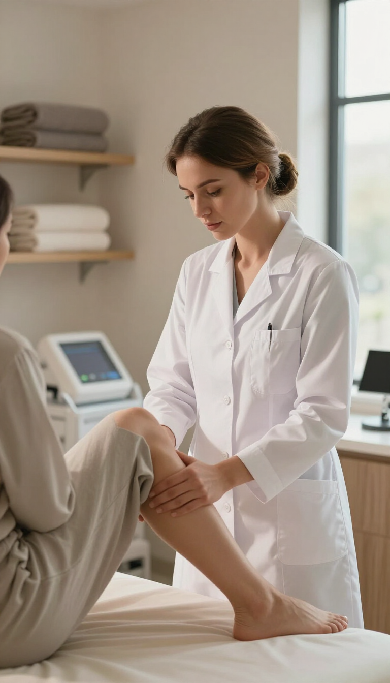Clinical professional examining patient's leg