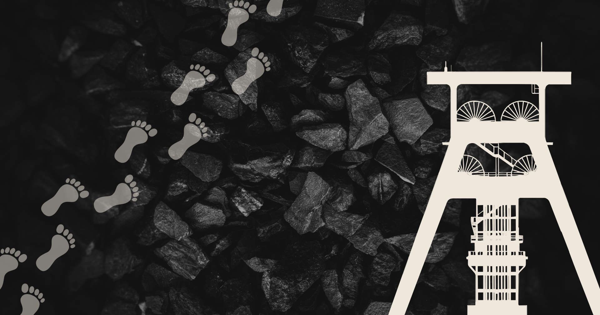 Kohle mit Fußabdrücken und Förderturm