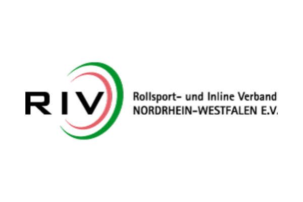 Logo des RIV (Rollsport- und Inline Verband Nordrhein-Westfalen eV). Mit einem grün-roten Wirbel um die Buchstaben „RIV“.