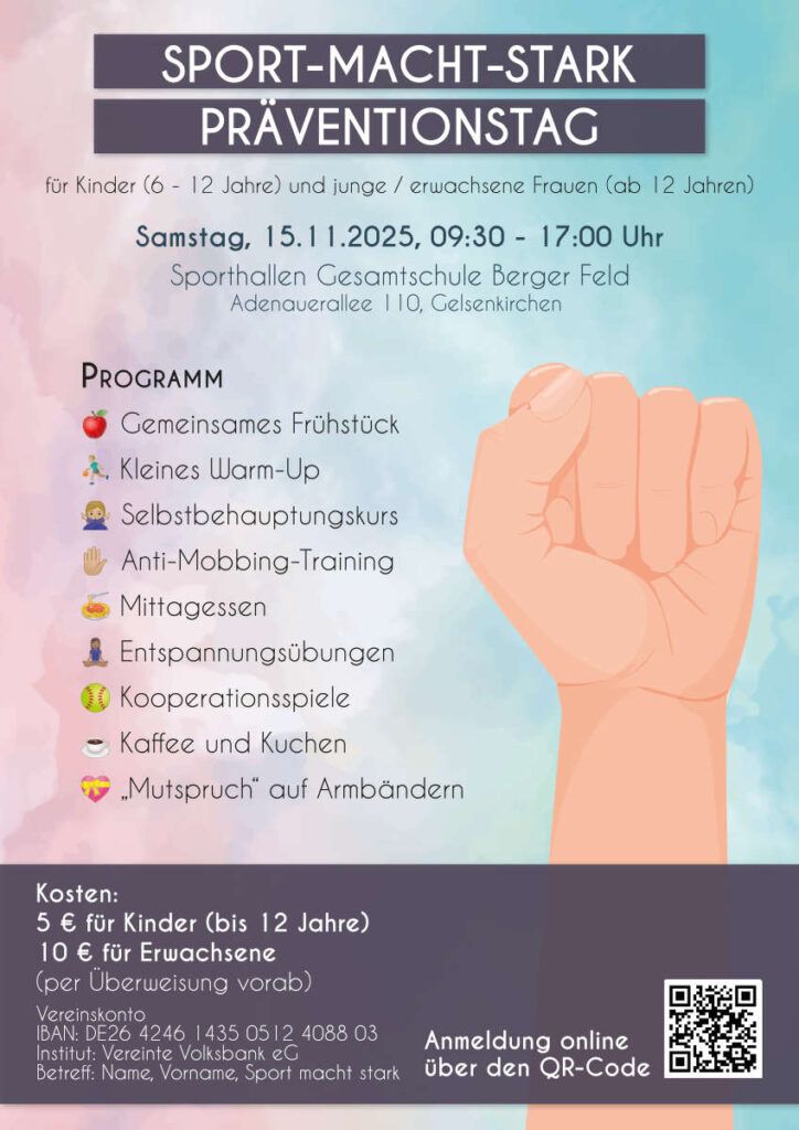 Plakat zum Präventionstag „SPORT-MACHT-STARK“ mit Programm und Hand-Faust-Illustration.