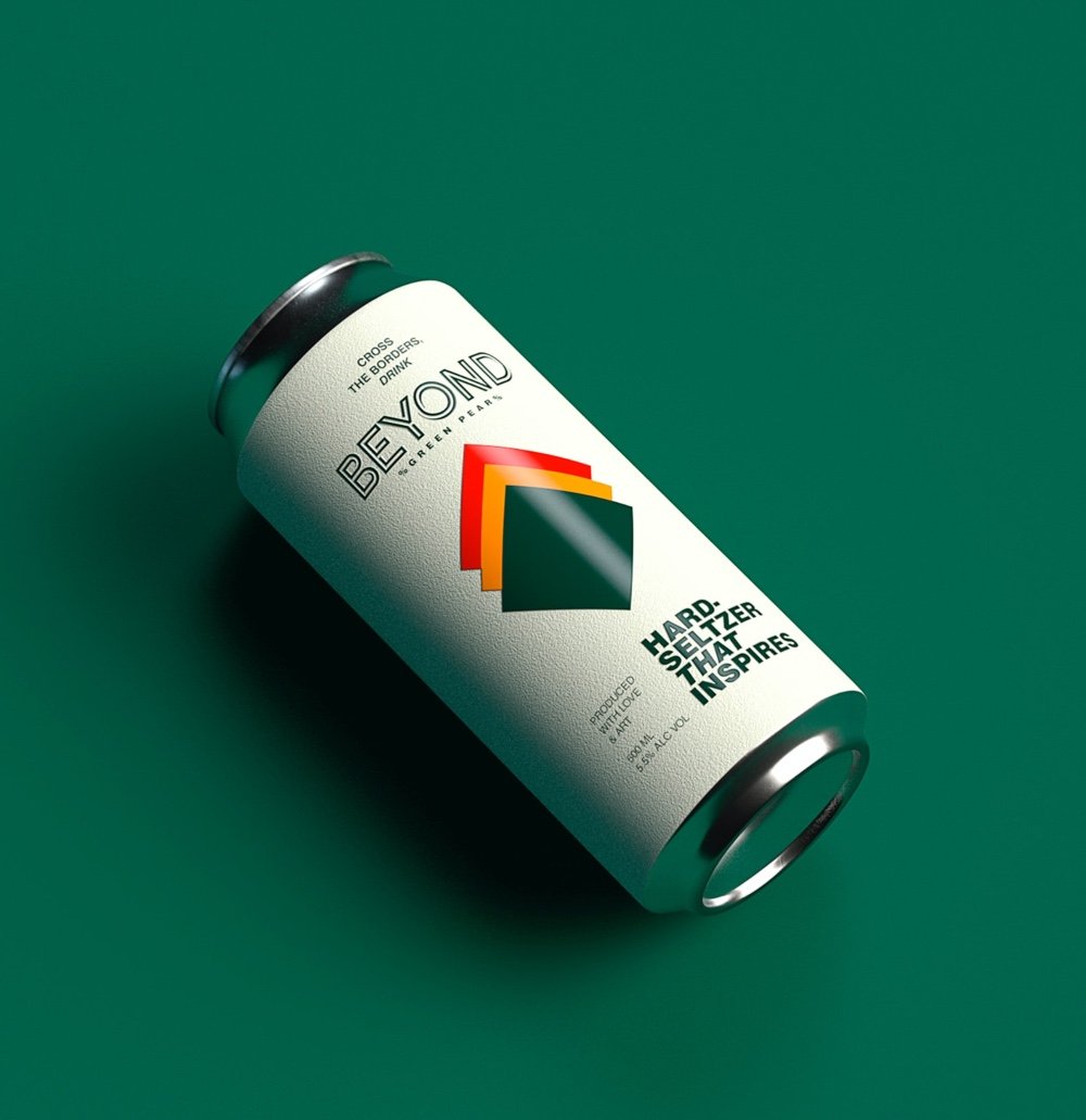 A can of beyond hard seltzer sits on a green surface