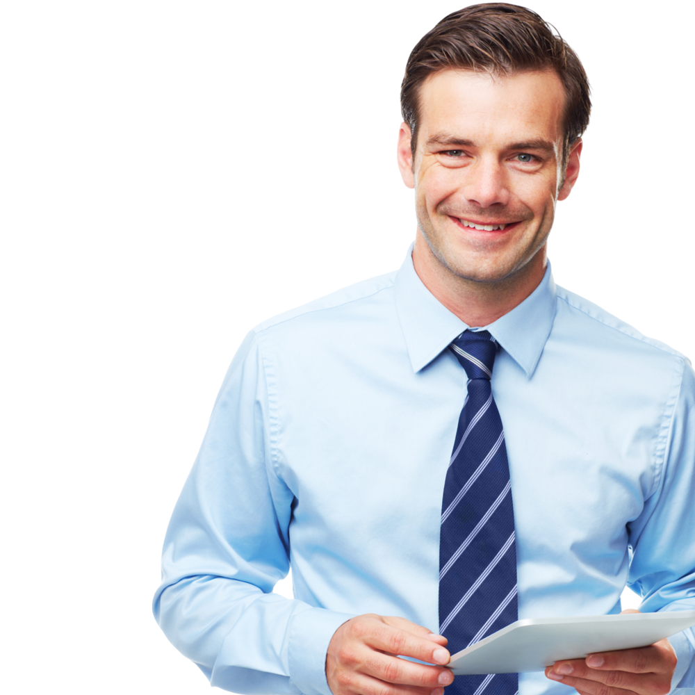 A man in a blue shirt and tie is holding a tablet