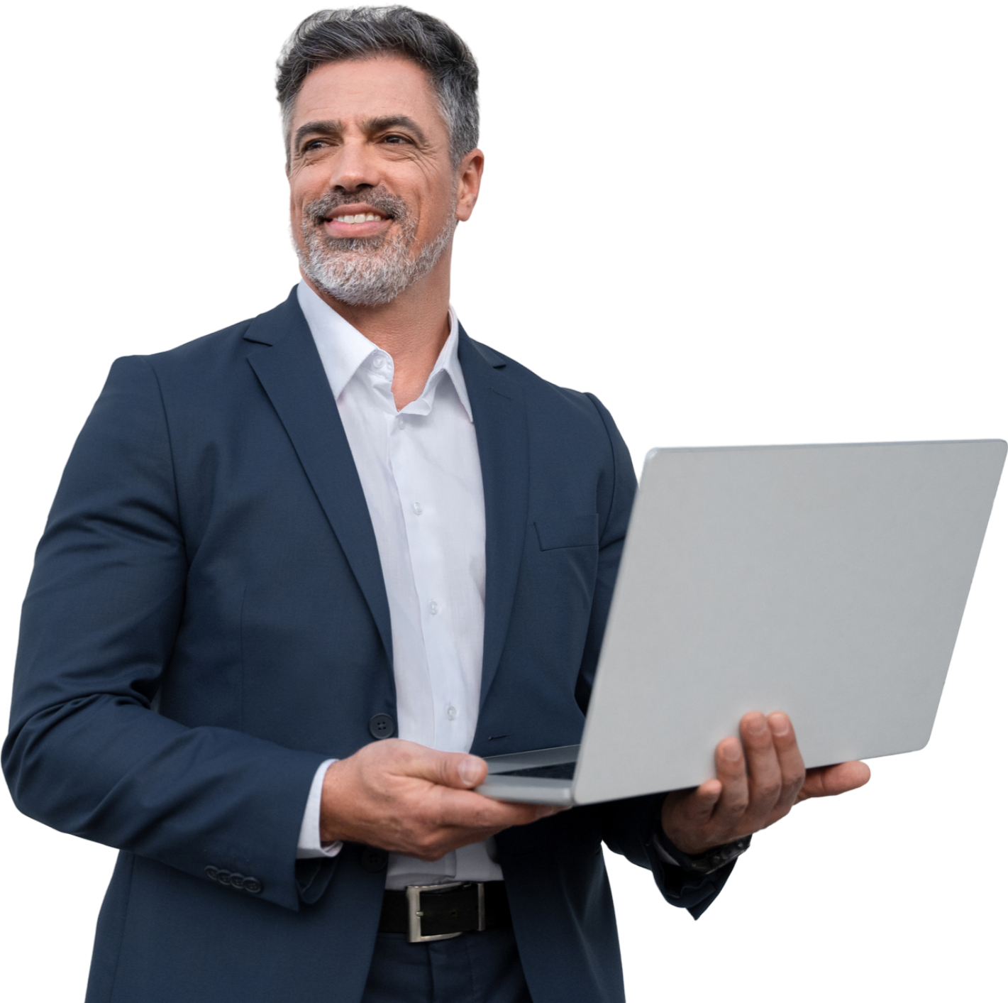 A man in a suit is holding a laptop computer.