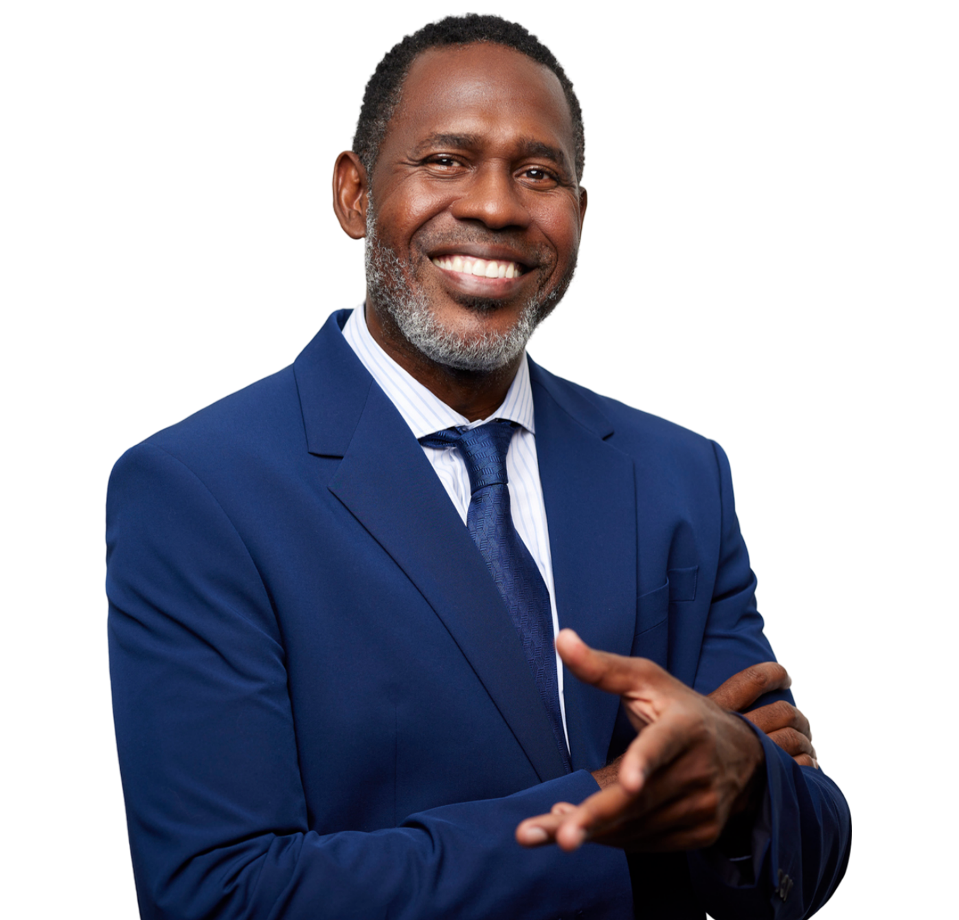 A man in a blue suit and tie is smiling for the camera.