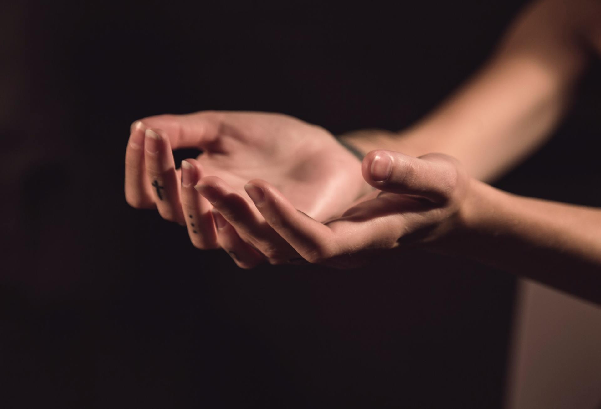 Person's hands, palms up, against a dark background, as if offering or receiving something.